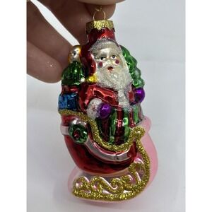 SANTA CLAUS ON SLEIGH WITH PRESENTS GLASS ORNAMENT~4"